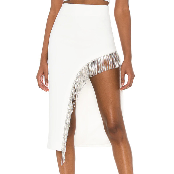NBD White Rhinestone Fringe Midi Skirt SMALL Side Slit Western Revolve $178 NEW - Picture 1 of 10